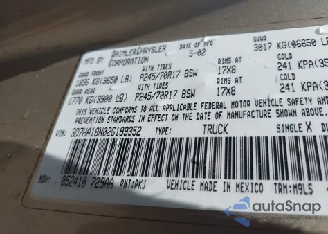 2002 Dodge Ram 1500 St z USA, uszkodzony, nr VIN 3D7HA18N02G199352